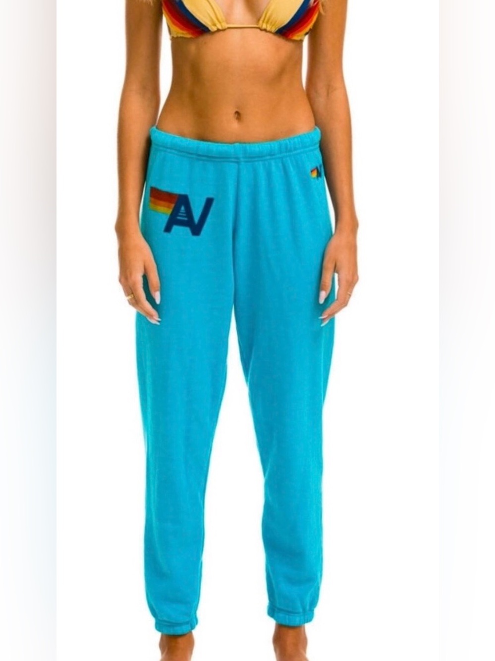 Aviator Nation Logo Sweatpants Lounge with Rainbow Tag Teal Blue Size S
